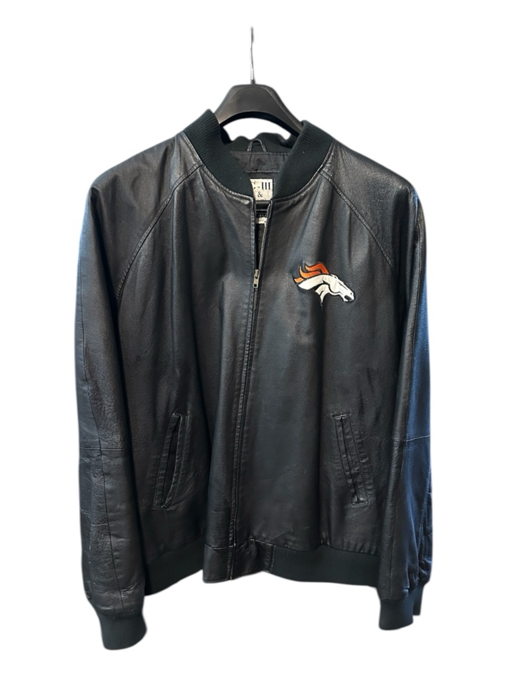 Men's Black Leather Bomber Jacket with Denver Broncos Patch - size 4XLT